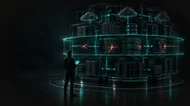 CTO inspecting a dark 3D cloud infrastructure system as a mint diagnostic scan reveals hidden DevOps issues.