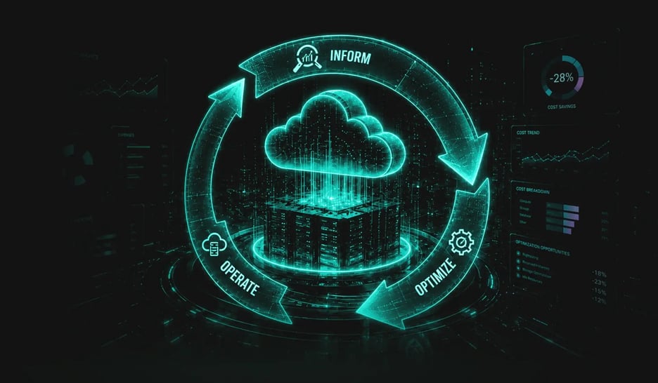 FinOps lifecycle loop diagram for cloud management, featuring Inform, Optimize, and Operate stages surrounding a glowing neon cloud.