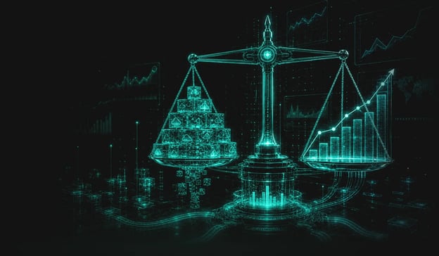 A futuristic digital illustration of high-tech scales balancing a heavy pyramid of glowing blocks marked with cloud symbols (representing infrastructure costs) against a rising chart of business performance (representing growth and ROI). Highlights the FinOps business case for cloud cost control.