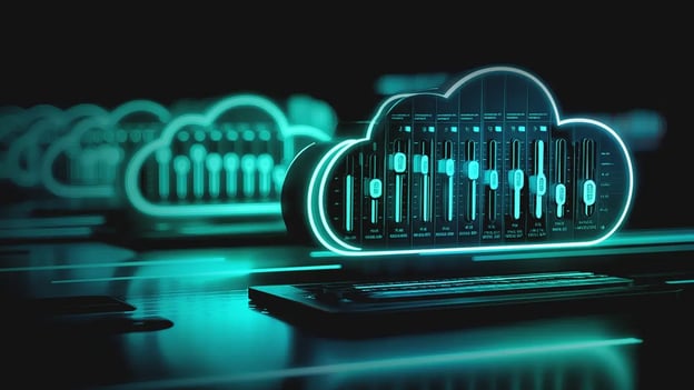 A stylized 3D image of a neon-lit cybernetic cloud with integrated audio mixing sliders and data points, symbolizing the concept of precise FinOps optimization for cloud queries and cost management.