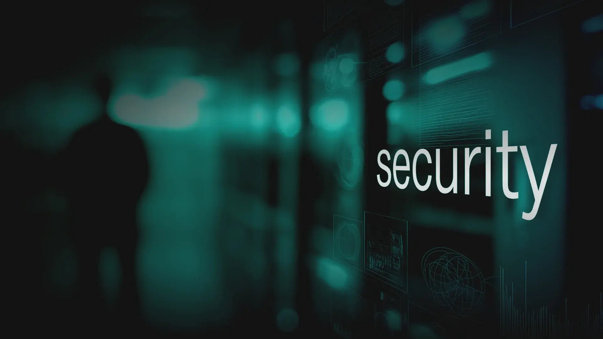 Silhouetted human figure watching a cyber control room monitor array with the text 'security' in cyan and data graphs.