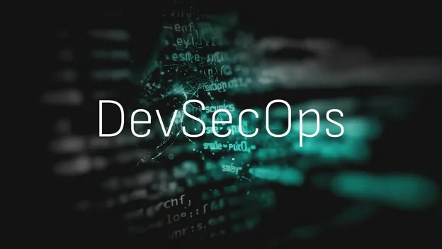 White DevSecOps text on dark teal digital code background. Integrated security in DevOps, software development, and IT infrastructure.