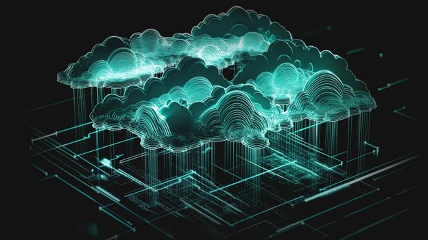 Digital 3D clouds over circuit lines representing cloud exit strategy, data sovereignty, and migration from AWS or Azure to on-premise infrastructure.