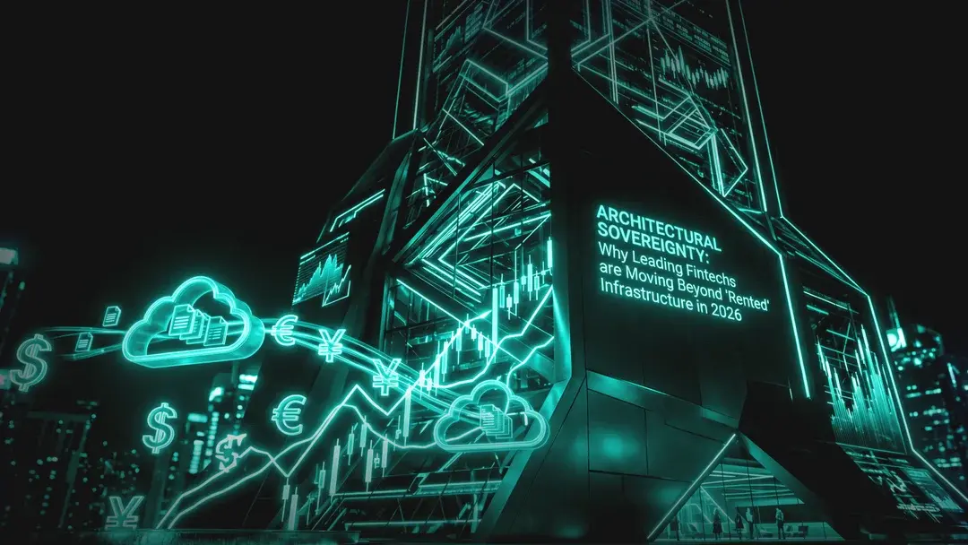 Futuristic neon-green tower visual cover image with the article title: "ARCHITECTURAL SOVEREIGNTY... Moving Beyond 'Rented' Infrastructure in 2026," data flow lines, currency symbols, and cloud servers.
