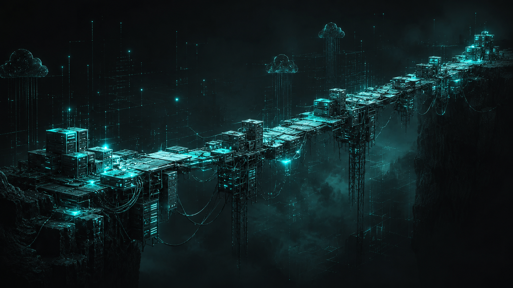 A fragile infrastructure bridge built from servers, cables, and temporary fixes, illustrating how technical shortcuts can become business risks.