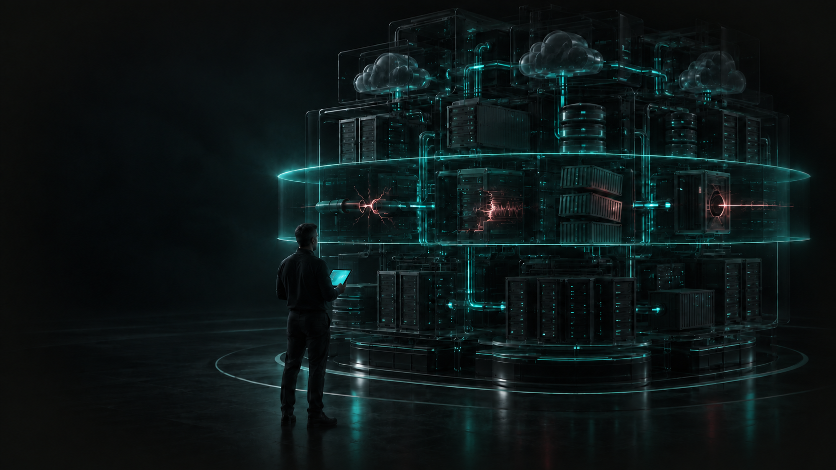 CTO inspecting a dark 3D cloud infrastructure system as a mint diagnostic scan reveals hidden DevOps issues.