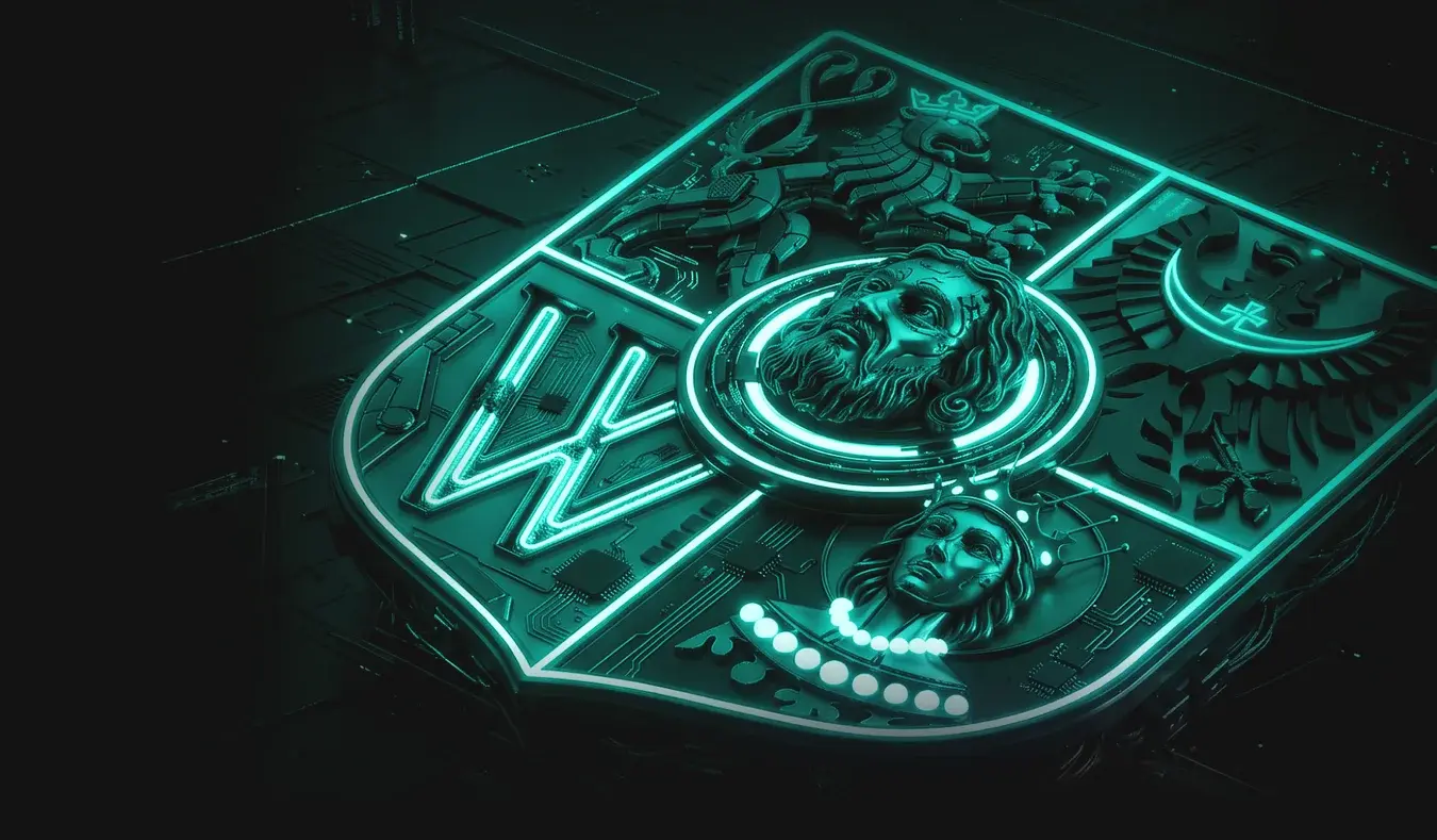 Futuristic neon-teal 3D coat of arms of Wroclaw. Cover image for the Wroclaw DevOps Report 2026, highlighting the local tech ecosystem.