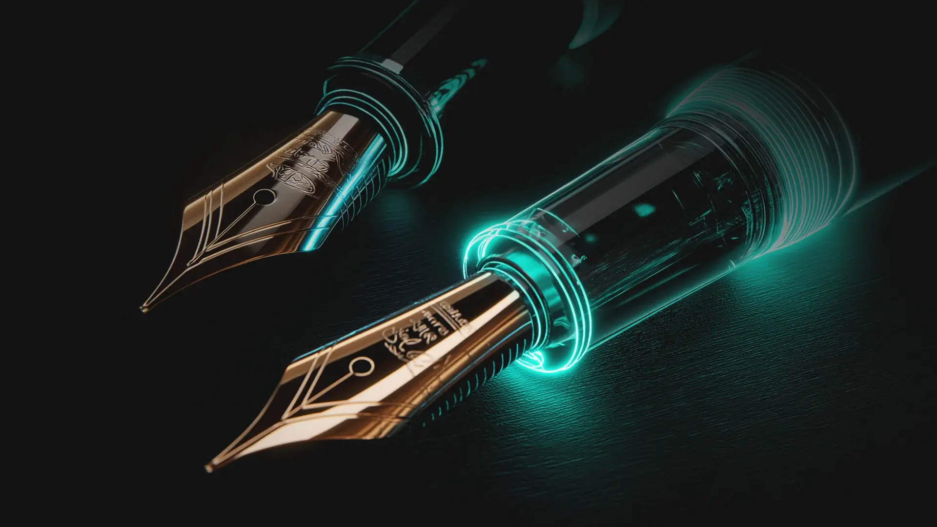 Two futuristic fountain pens with gold nibs and glowing neon cyan bodies on a dark background, representing mindfulness in the AI era.