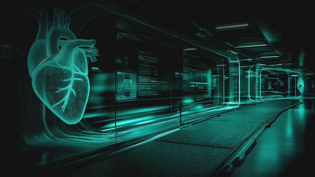 Digital heart visual in a high-tech corridor representing the strategic case for buying HealthTech infrastructure in 2026.