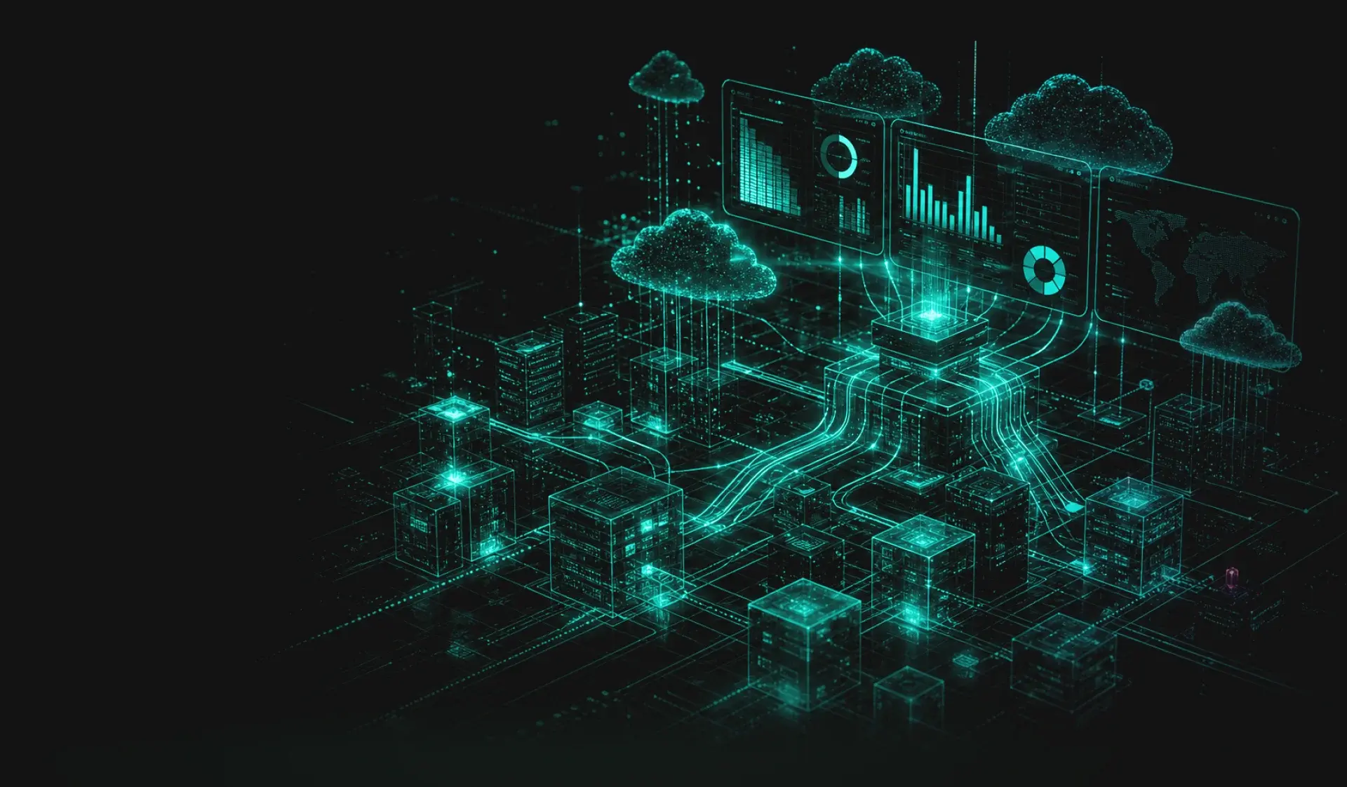 Isometric futuristic neon turquoise model of a digital city integrated with cloud infrastructure. Analytics dashboards featuring charts and maps display cloud service monitoring, symbolizing cloud cost management and the need to eliminate "blind spots."