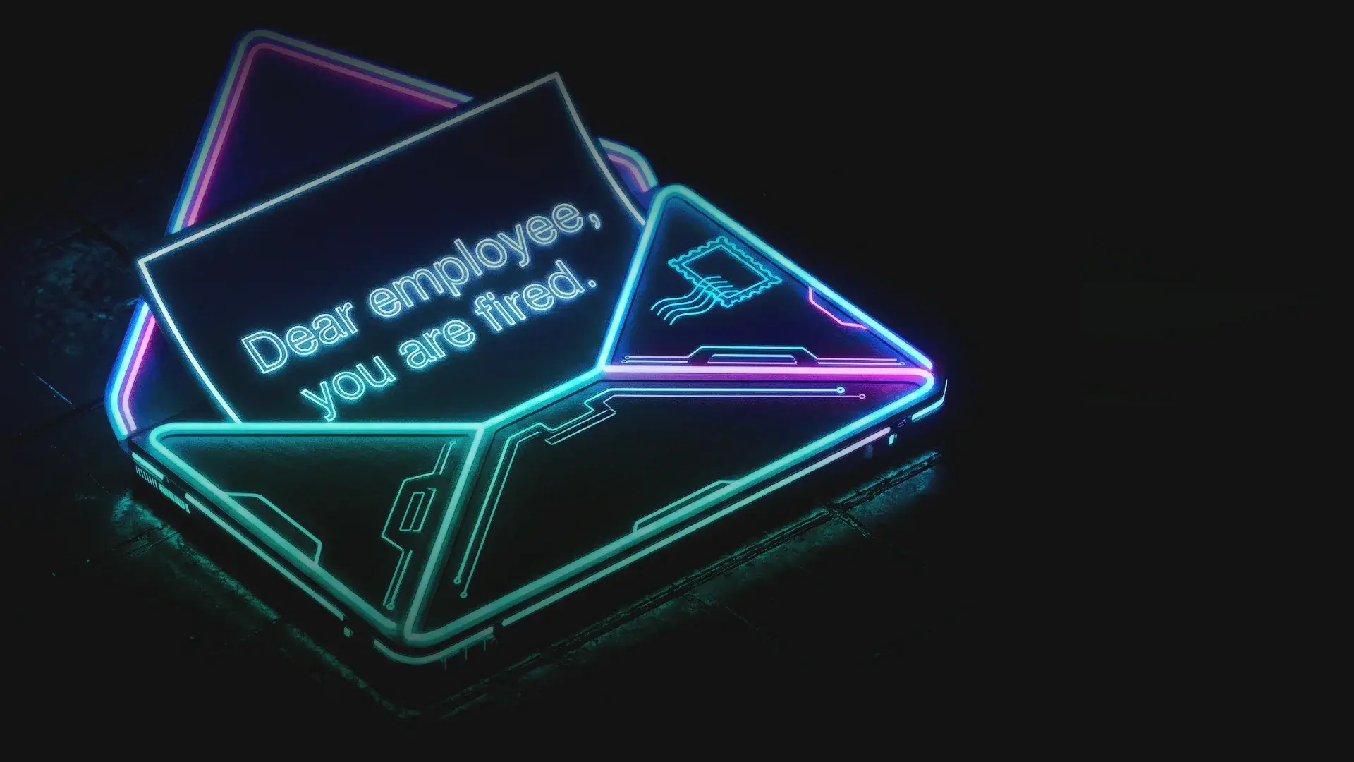 Cyberpunk neon envelope with a termination notice: "Dear employee, you are fired." Symbolic of Oracle's mass layoffs via email.