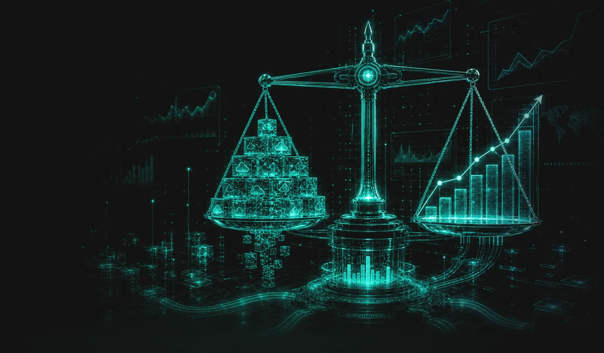 A futuristic digital illustration of high-tech scales balancing a heavy pyramid of glowing blocks marked with cloud symbols (representing infrastructure costs) against a rising chart of business performance (representing growth and ROI). Highlights the FinOps business case for cloud cost control.