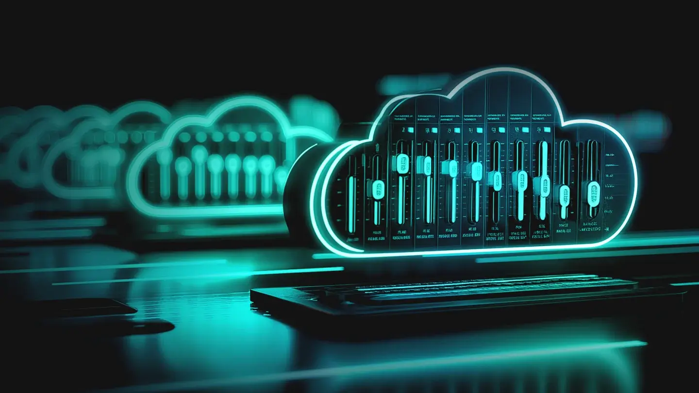 A stylized 3D image of a neon-lit cybernetic cloud with integrated audio mixing sliders and data points, symbolizing the concept of precise FinOps optimization for cloud queries and cost management.
