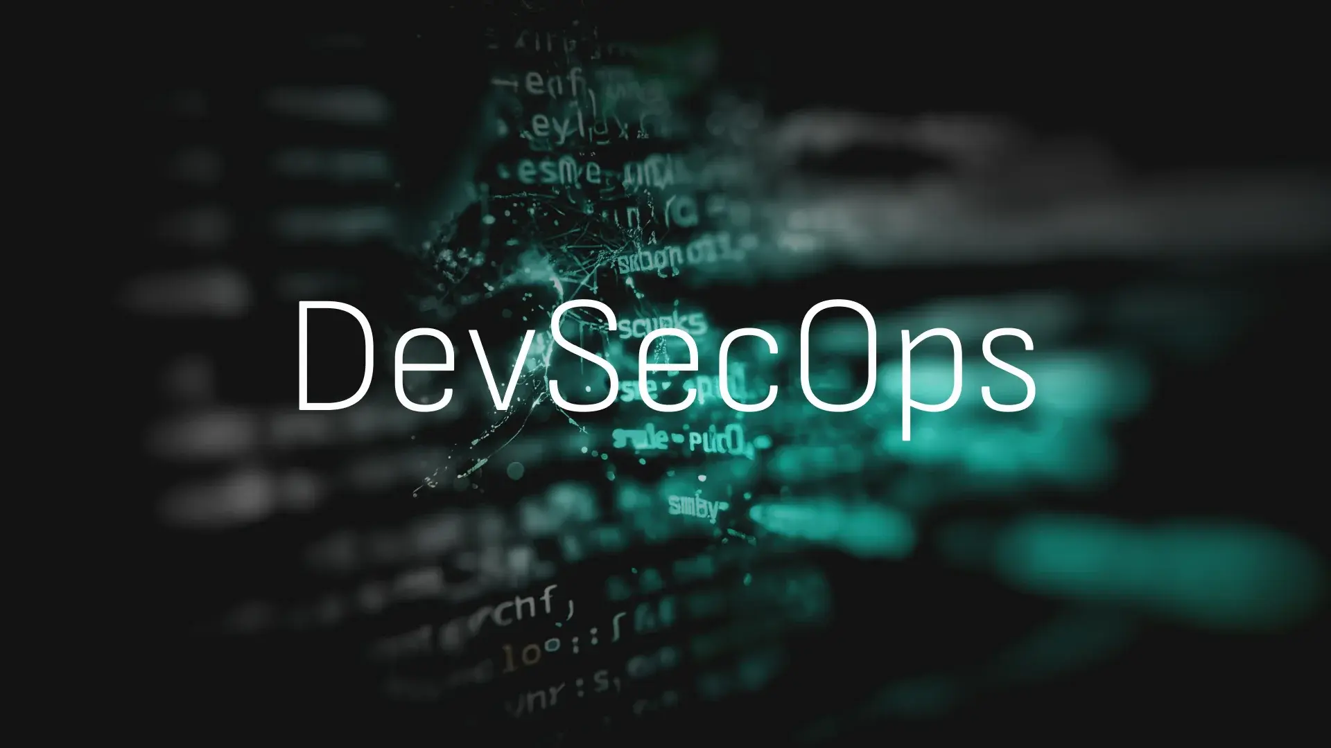 White DevSecOps text on dark teal digital code background. Integrated security in DevOps, software development, and IT infrastructure.